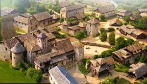 Bourg de Brindas médiéval, imaginé par Adobe Firefly (IA générative)