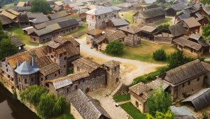 Bourg de Brindas médiéval, imaginé par Adobe Firefly (IA générative)