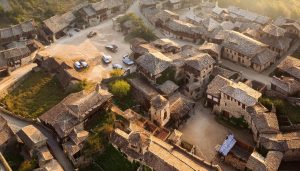 Bourg de Brindas médiéval, imaginé par Adobe Firefly (IA générative)