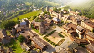 Bourg de Brindas médiéval, imaginé par Adobe Firefly (IA générative)